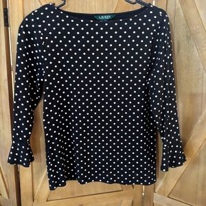 Ralph Lauren Shirt Womens Petite Medium Black w/ Cream Polka Dot 3/4 Sleeve